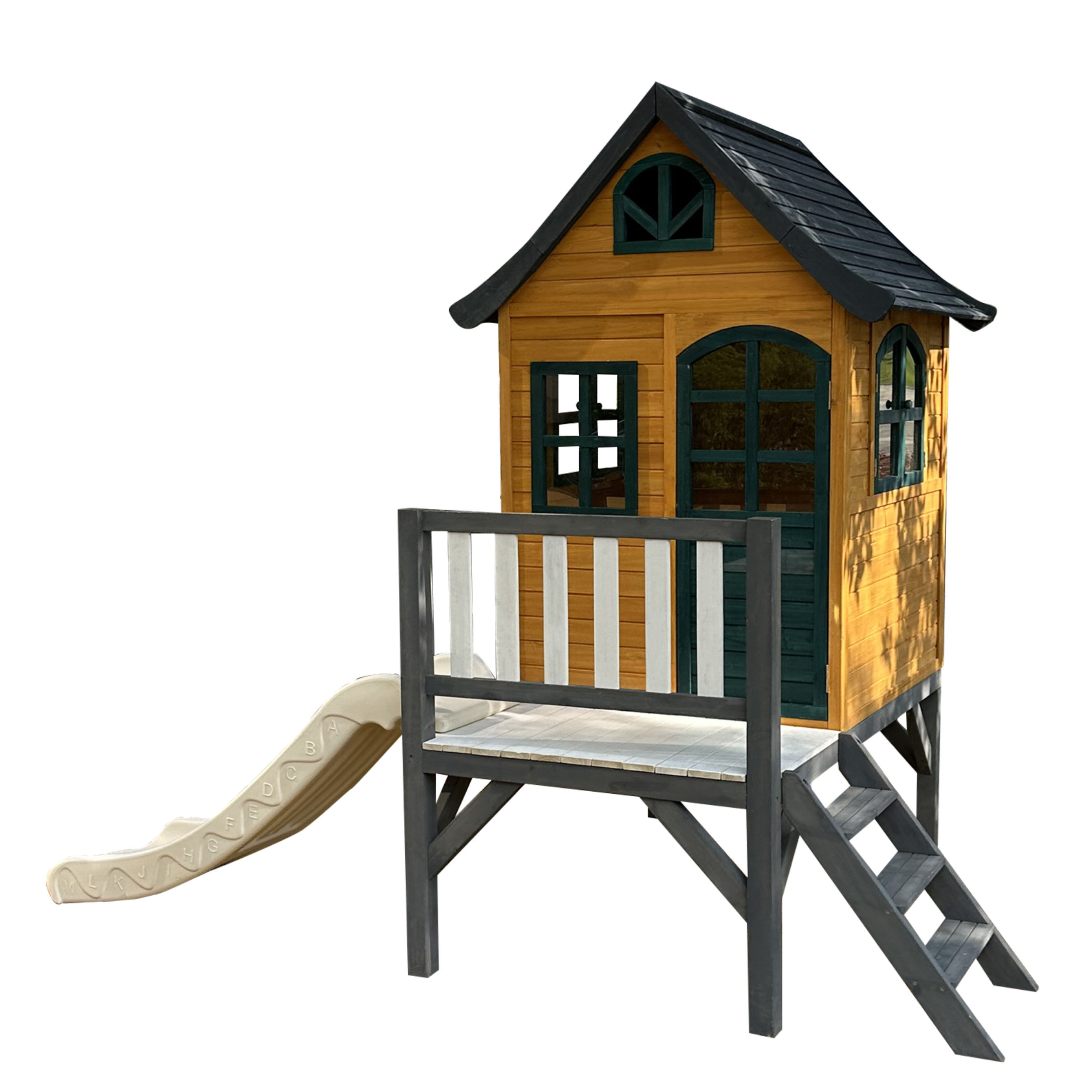 Kids Outdoor Treehouse - 屋外大型滑り台付き木製プレイハウス、クライミングツリーハウス、テントハウス、幼稚園用おもちゃ、ピンクの遊園地