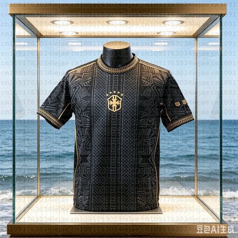 Kids Outdoor Clothing - 2026年夏 キッズ ブラジル風スポーツウェア ブラック＆ゴールド 速乾Tシャツ アウトドア