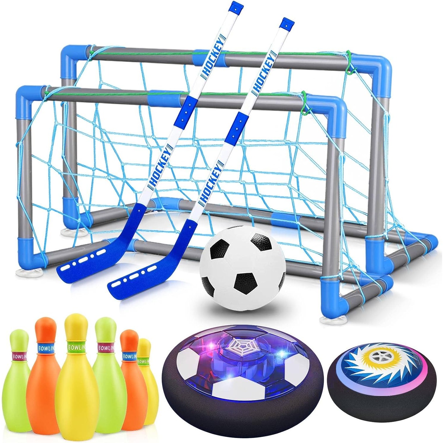 Kids Outdoor Hockey Set - 子供のためのホッケーボウリングセット、3-in-1、ホバーサッカーボール、LEDライト付きの屋外おもちゃ、屋内と屋外、クリスマス、誕生日プレゼント