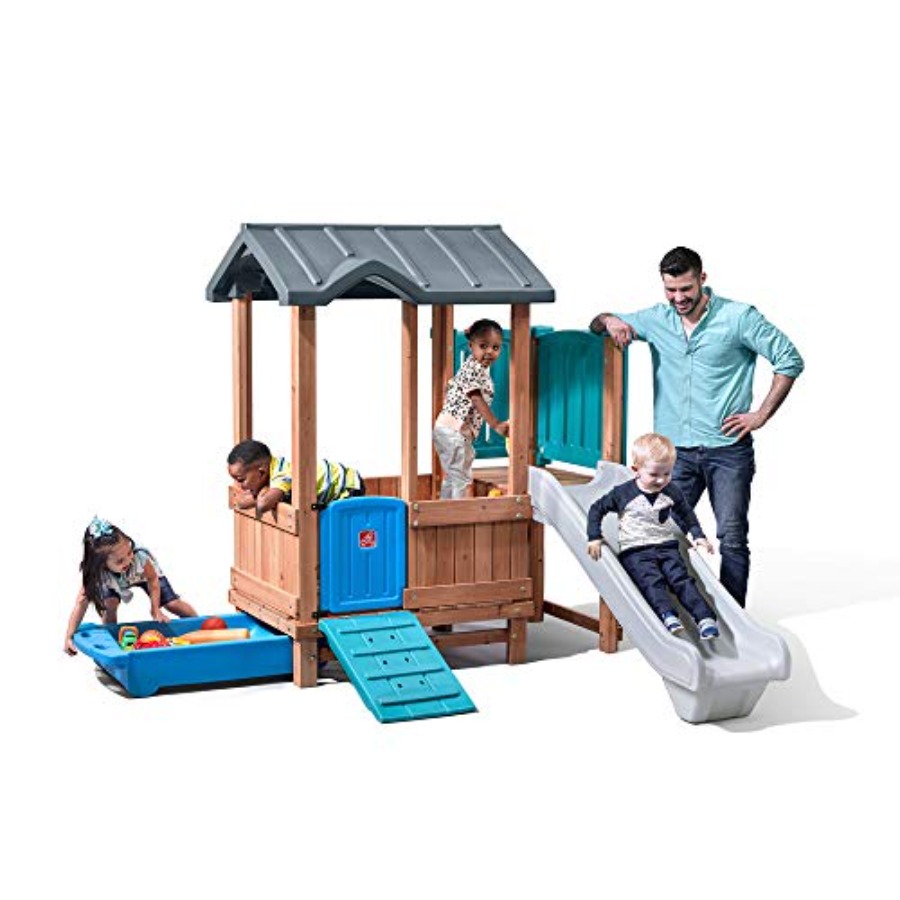 Kids Outdoor Swing Set - ウッドランドアドベンチャー プレイハウス＆スライド、子供用屋外遊具セット、裏庭遊具セット、ブランコ、収納引き出し、木製＆耐久性素材製