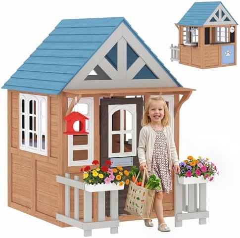 Kids Outdoor Fence - 屋外用プレイハウス（ペット用ドア付き）、木製キッズプレイハウス（対象年齢2～5歳）ブラウン | プレイキッチン、郵便受け、ドア、鳥小屋、フェンス