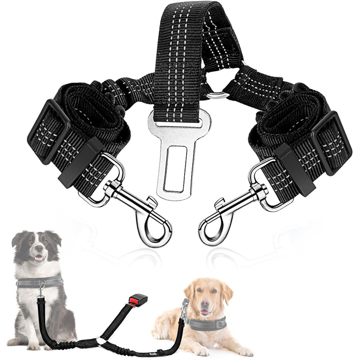 Swing Seat Belt - ペットシート車用犬用ハーネスリードクリップ、調節可能なペット猫犬用カーシートベルト、安全レバー、トラクションドッグカラー、犬用アクセサリー