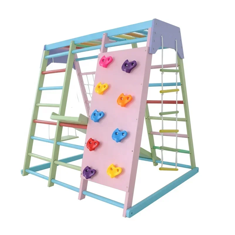 Kids Outdoor Swing Set - 子供用木製クライミングフレーム屋内セット、ブランコ、滑り台、ジャングルジム付き、家庭用および学校用屋外遊具
